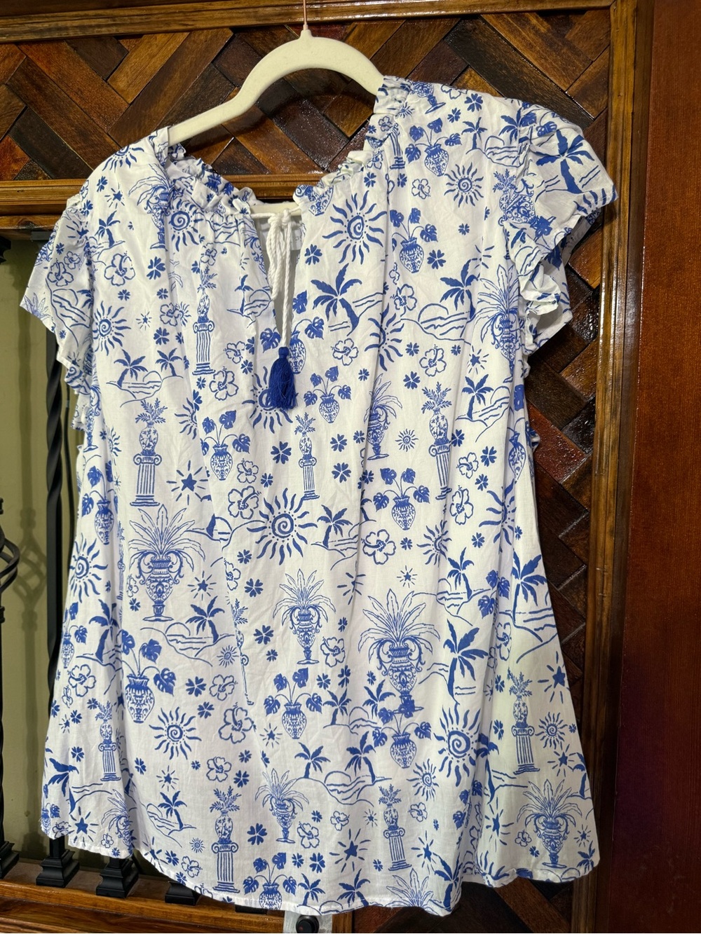 Sugarlips White Peasant Blouse with Blue Floral Trim